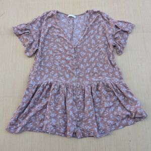By Together Brown Floral Cottage Oversized Babydoll Dress Women's Medium